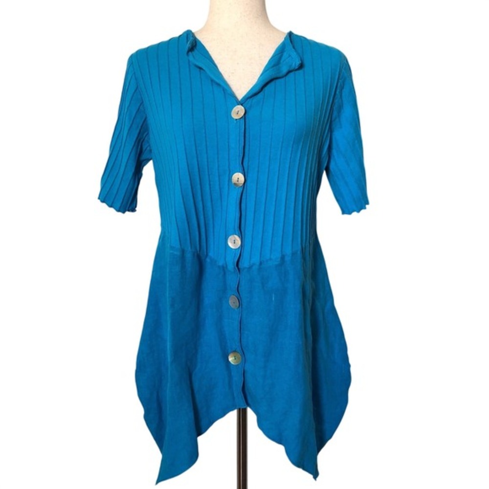 Fenini Linen Cotton Button Front Tunic‎ Top Asymmetrical Hem Lagenlook Artsy USA